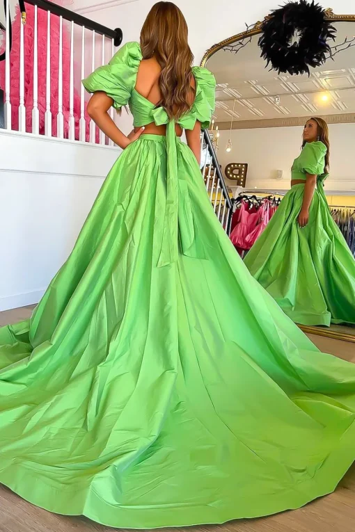 Green A Line Off the Shoulder Prom Dress with Slit