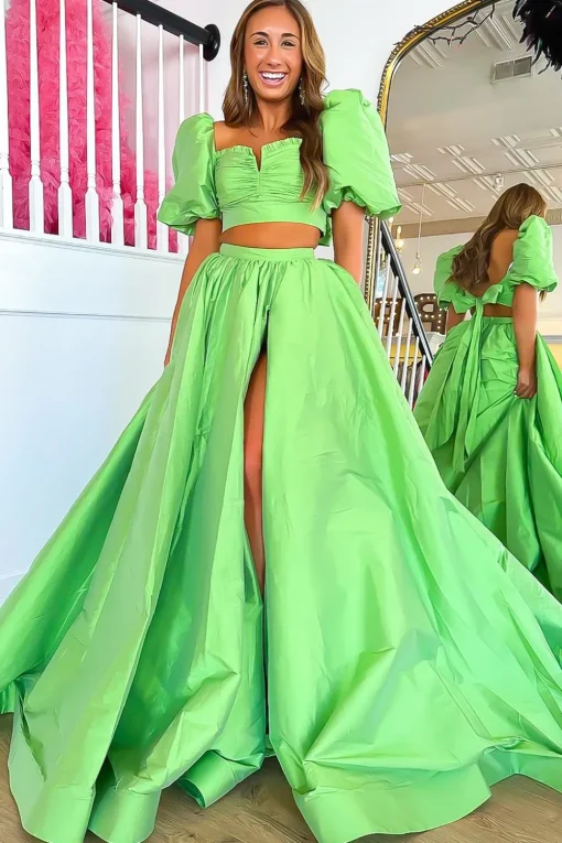 Green A Line Off the Shoulder Prom Dress with Slit