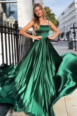 Green A Line Satin Prom Dress with Pockets