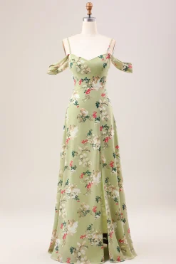 Green A Line Spaghetti Straps Floral Wedding Guest Dress with Slit
