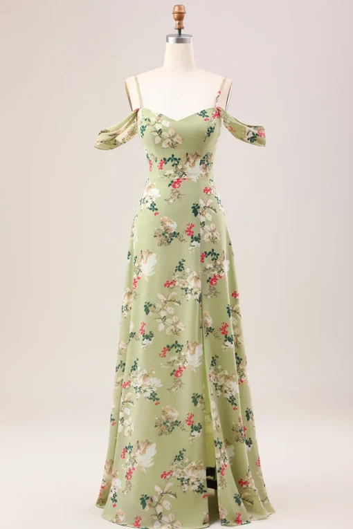 Green A Line Spaghetti Straps Floral Wedding Guest Dress with Slit