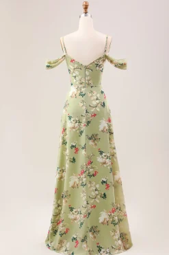 Green A Line Spaghetti Straps Floral Wedding Guest Dress with Slit