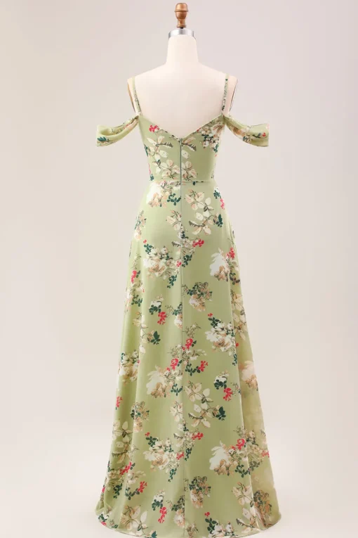 Green A Line Spaghetti Straps Floral Wedding Guest Dress with Slit