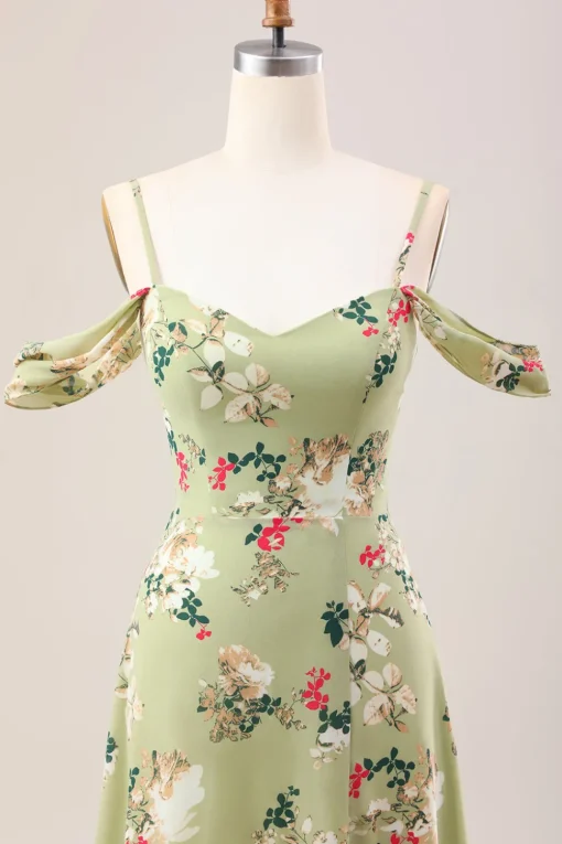 Green A Line Spaghetti Straps Floral Wedding Guest Dress with Slit
