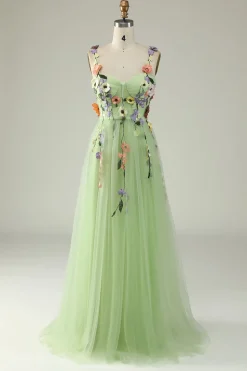 Green A Line Tulle Prom Dress with Appliques