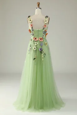 Green A Line Tulle Prom Dress with Appliques