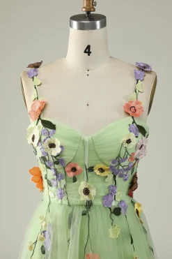 Green A Line Tulle Prom Dress with Appliques