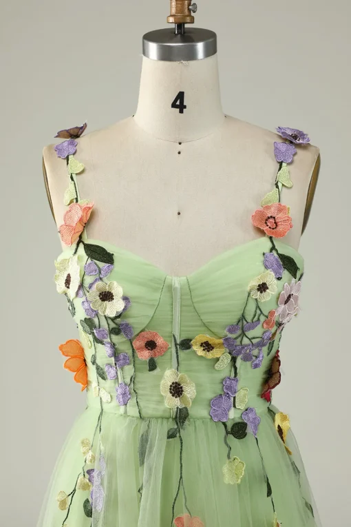 Green A Line Tulle Prom Dress with Appliques