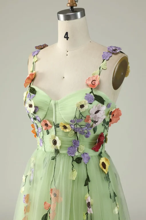 Green A Line Tulle Prom Dress with Appliques