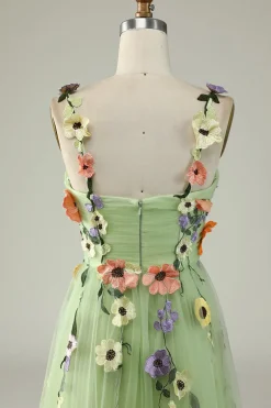 Green A Line Tulle Prom Dress with Appliques