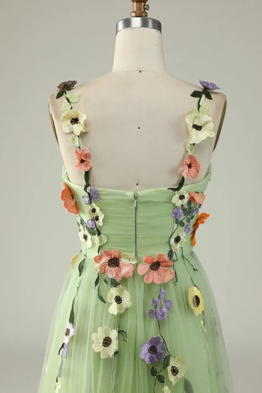 Green A Line Tulle Prom Dress with Appliques