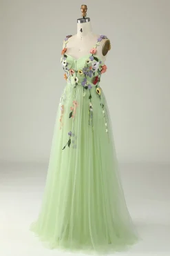 Green A Line Tulle Prom Dress with Appliques