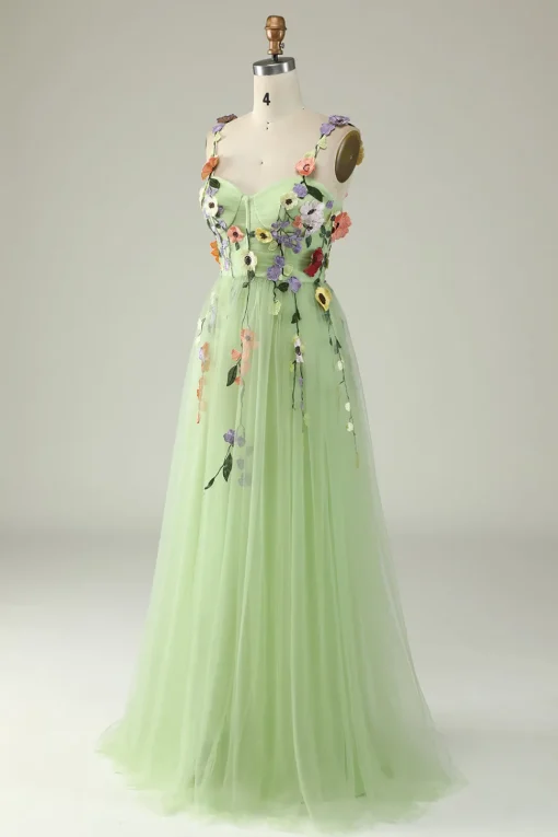 Green A Line Tulle Prom Dress with Appliques
