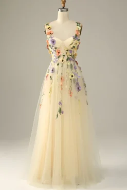 Green A Line Tulle Prom Dress with Appliques