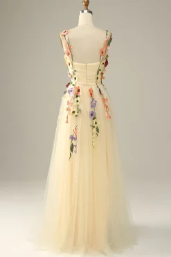 Green A Line Tulle Prom Dress with Appliques