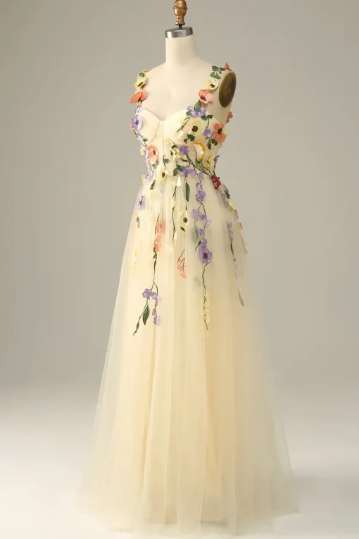 Green A Line Tulle Prom Dress with Appliques