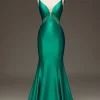 Green Deep V-neck Satin Mermaid Prom Dress with Lace-up Back