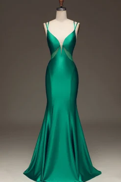 Green Deep V-neck Satin Mermaid Prom Dress with Lace-up Back