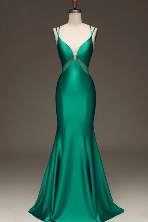 Green Deep V-neck Satin Mermaid Prom Dress with Lace-up Back