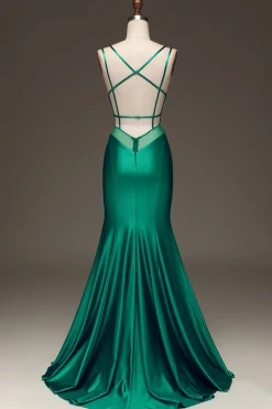 Green Deep V-neck Satin Mermaid Prom Dress with Lace-up Back