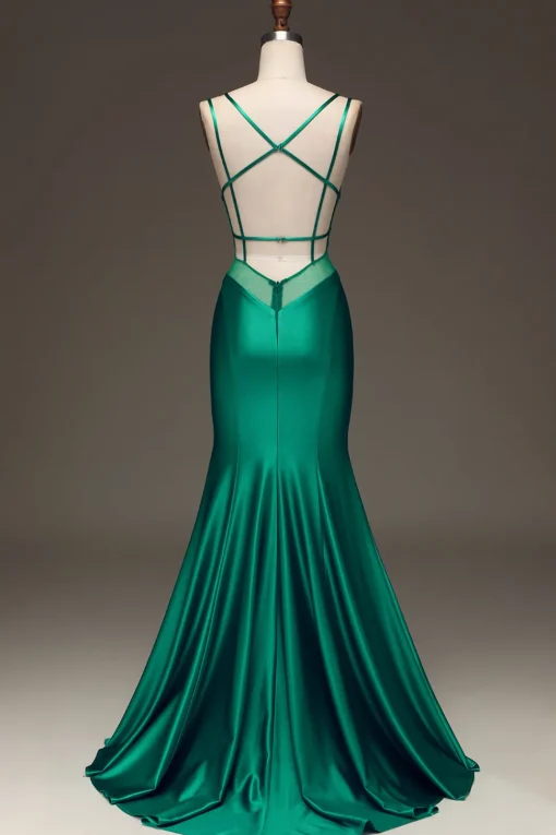 Green Deep V-neck Satin Mermaid Prom Dress with Lace-up Back