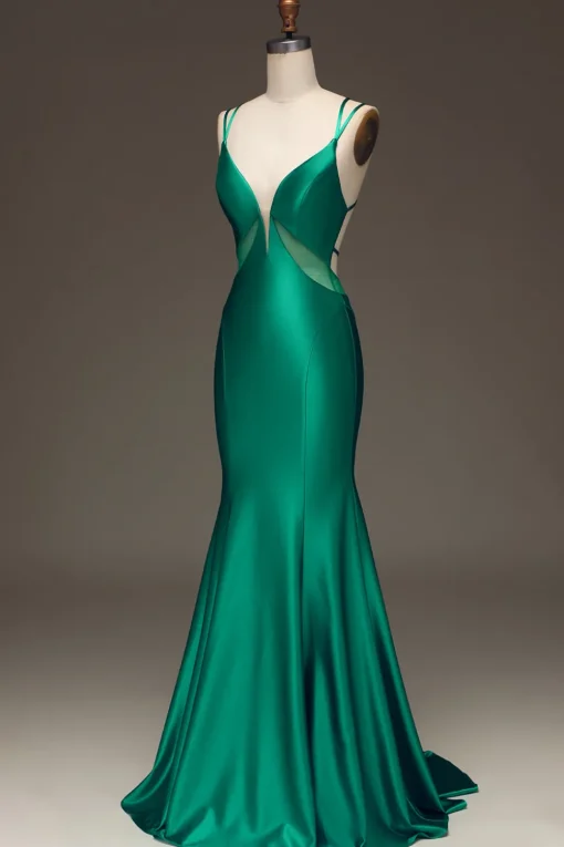 Green Deep V-neck Satin Mermaid Prom Dress with Lace-up Back