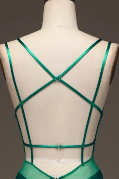 Green Deep V-neck Satin Mermaid Prom Dress with Lace-up Back