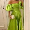 Green Detachable Sleeves Strapless Satin Prom Dress with Ruffles
