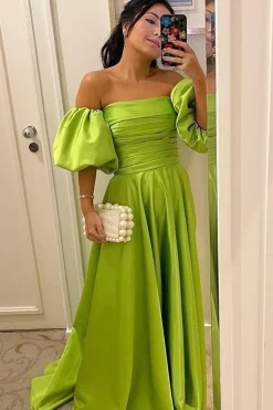 Green Detachable Sleeves Strapless Satin Prom Dress with Ruffles