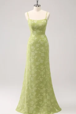 Green Embroidery Mermaid Bridesmaid Dress with Lace Up Back
