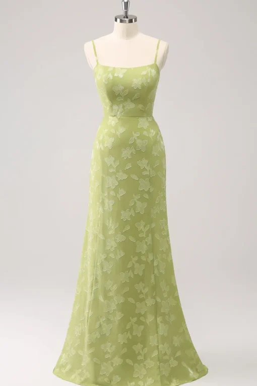 Green Embroidery Mermaid Bridesmaid Dress with Lace Up Back