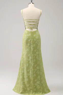 Green Embroidery Mermaid Bridesmaid Dress with Lace Up Back