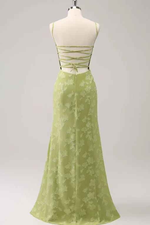 Green Embroidery Mermaid Bridesmaid Dress with Lace Up Back