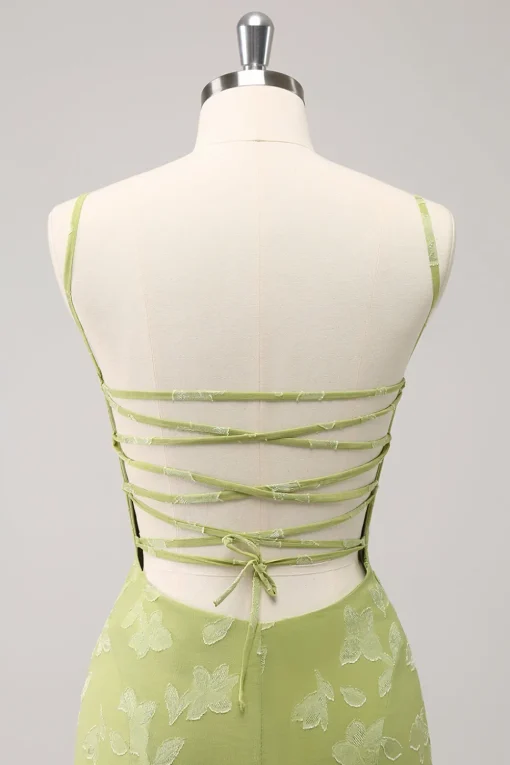 Green Embroidery Mermaid Bridesmaid Dress with Lace Up Back