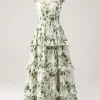 Green Floral Ruffles Tiered Prom Dress with Slit