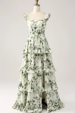 Green Floral Ruffles Tiered Prom Dress with Slit