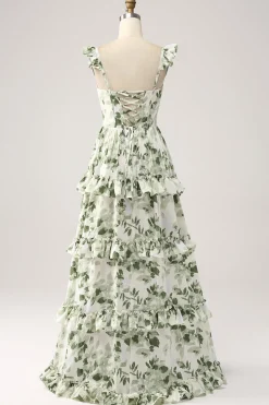 Green Floral Ruffles Tiered Prom Dress with Slit