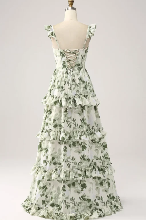 Green Floral Ruffles Tiered Prom Dress with Slit