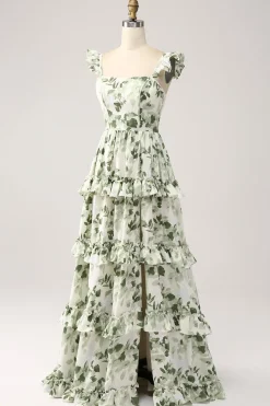 Green Floral Ruffles Tiered Prom Dress with Slit
