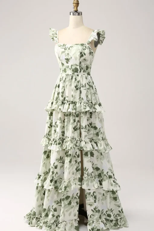 Green Floral Ruffles Tiered Prom Dress with Slit