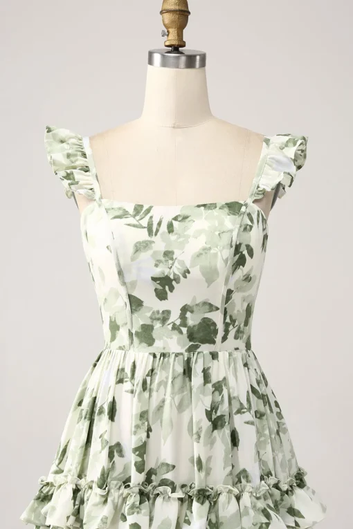 Green Floral Ruffles Tiered Prom Dress with Slit