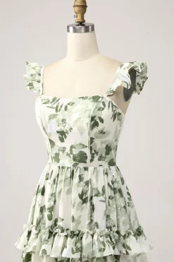 Green Floral Ruffles Tiered Prom Dress with Slit