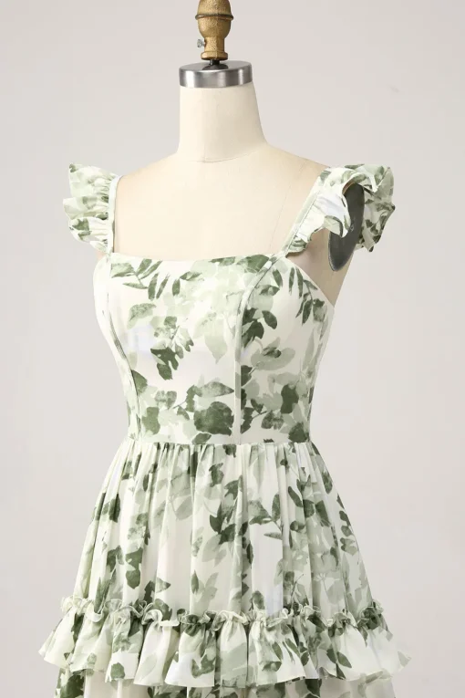 Green Floral Ruffles Tiered Prom Dress with Slit