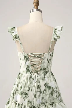 Green Floral Ruffles Tiered Prom Dress with Slit