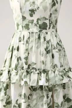 Green Floral Ruffles Tiered Prom Dress with Slit