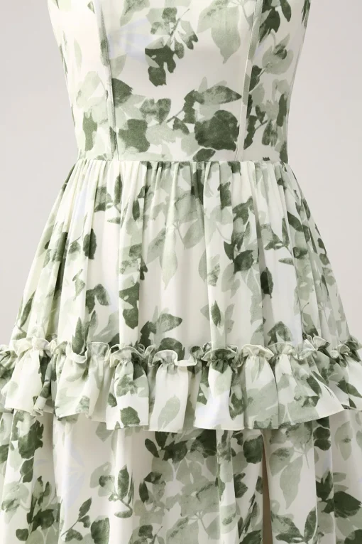 Green Floral Ruffles Tiered Prom Dress with Slit