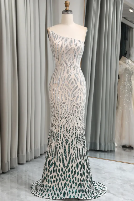 Green Mermaid One Shoulder Sequin Long Prom Dress