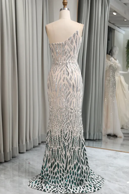 Green Mermaid One Shoulder Sequin Long Prom Dress