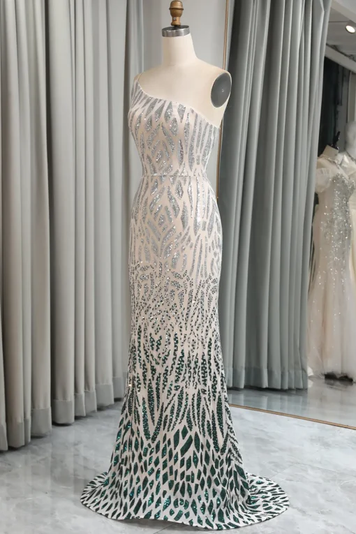 Green Mermaid One Shoulder Sequin Long Prom Dress