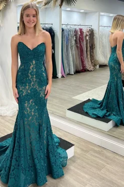 Green Mermaid Strapless Prom Dress with Lace